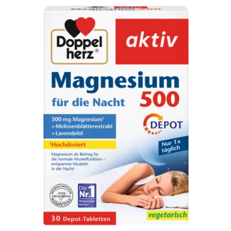 Abbildung der Produktverpackung Doppelherz aktiv Magnesium 500 für die Nacht Frontansicht